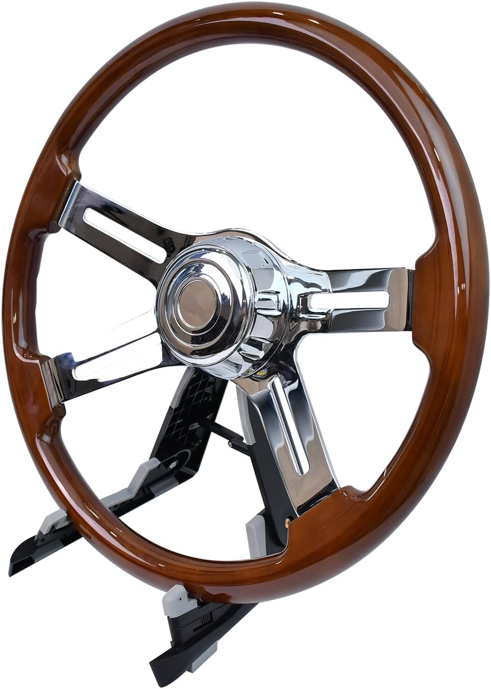 18'' Wooden Steering Wheel with 4 Spokes and 2'' Deep Plated Bracket, Modified Interior Accessory for Semi-Trailers, Compatible with Kenworth, Peterbilt, Volvo, Freightliner Trucks (Wood)