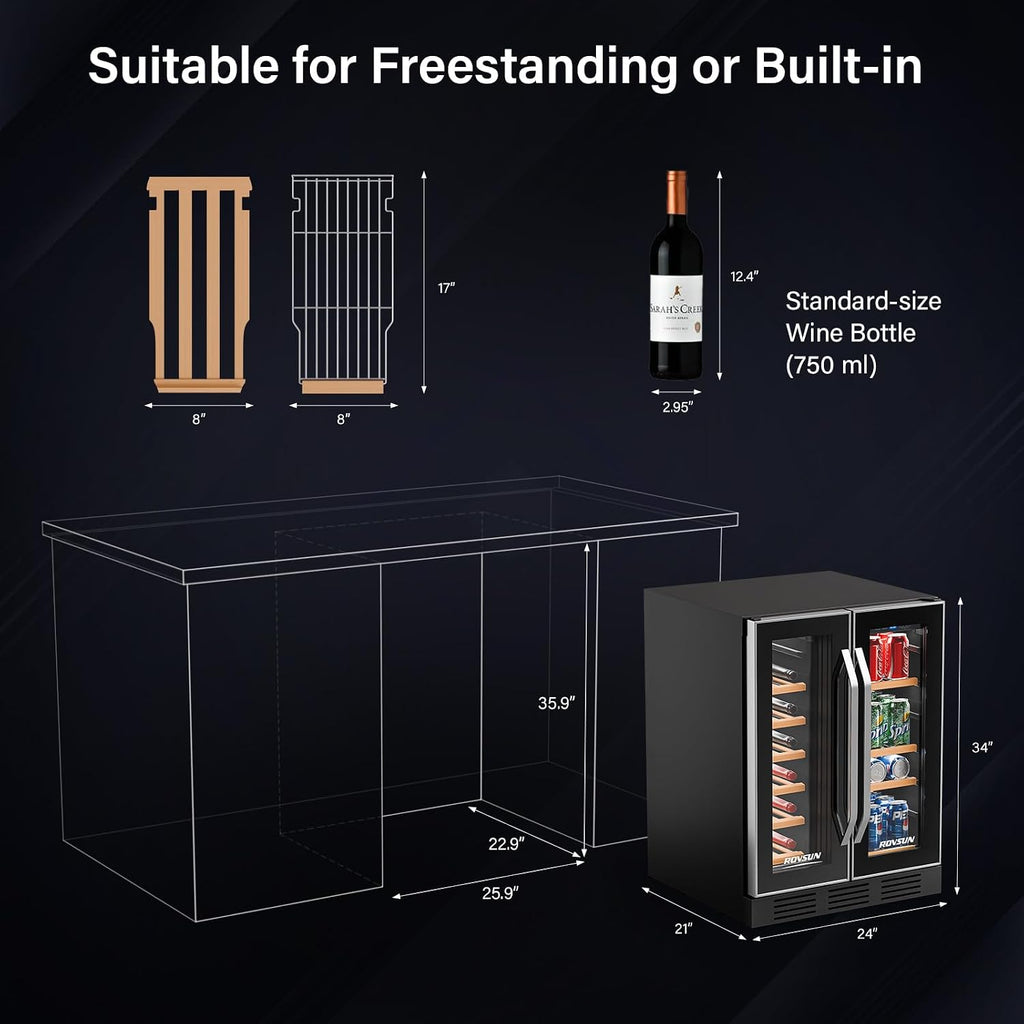 Bonnlo 34 Bottle Dual Zone Wine Cooler Refrigerator, Freestanding Compressor Wine Chiller, Beverage Wine Fridge with Digital Temp Control & Double-layer Glass Door for Red White Wine, Champagne, Beer