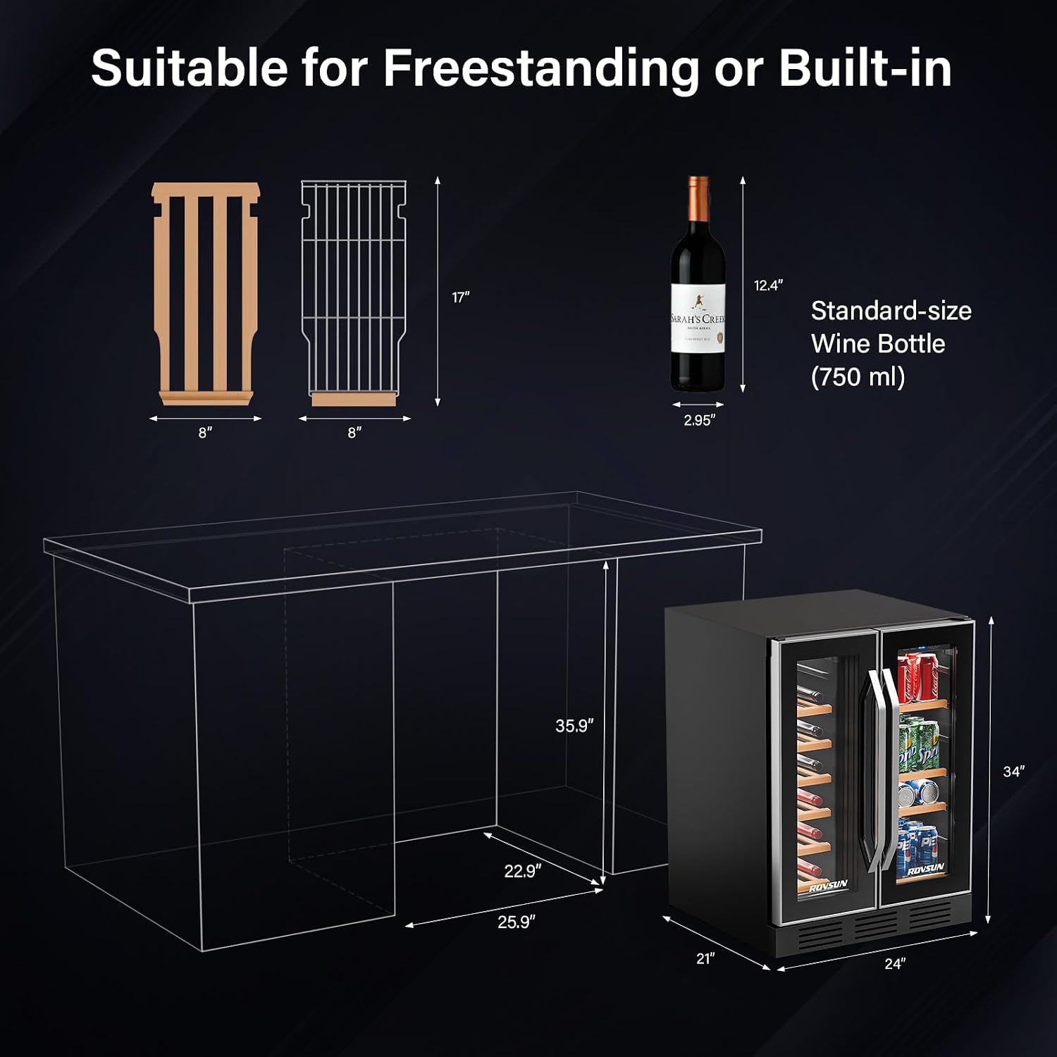 Bonnlo 34 Bottle Dual Zone Wine Cooler Refrigerator, Freestanding Compressor Wine Chiller, Beverage Wine Fridge with Digital Temp Control & Double-layer Glass Door for Red White Wine, Champagne, Beer