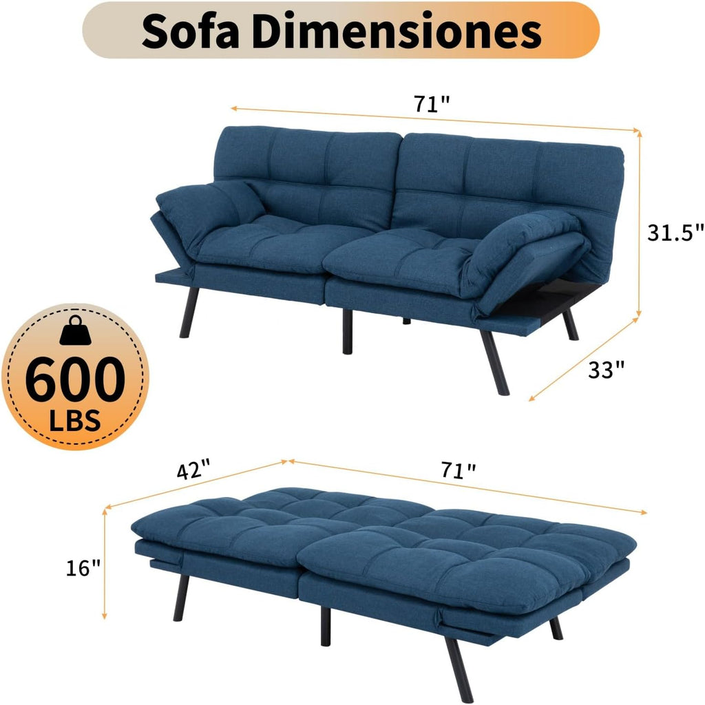 MUUEGM 71' Futon Sofa Bed, Cozy Convertible Loveseat Sleeper, Linen Fabric Couch with Adjustable Back & Arms for Living Room, Guest Room - Navy