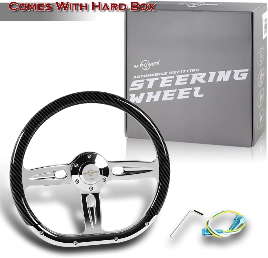 W-Power, 14' Universal 350mm 6 Bolt Hole Aluminum Polished Vinyl Wrap Leather Trim Steering Wheel, Chrome Horn Button JDM Euro VIP Style, 2' Deep (Carbon Fiber Painted Half Wrap)