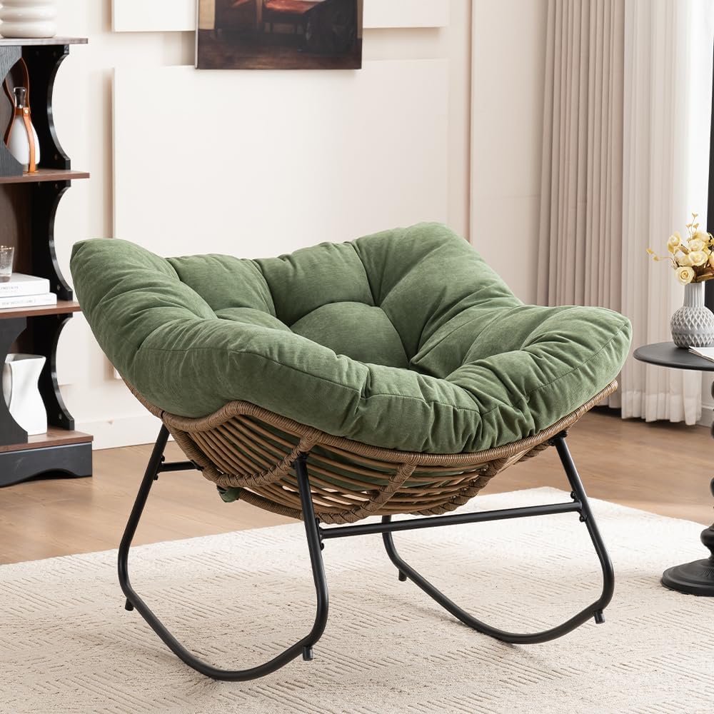 Outdoor Papasan Chair, Oversized Rocking Chair with Cushion and Metal Frame, Patio Lounge Rocking Chair for Balcony Backyard Porch Bedroom Living Room (Green)