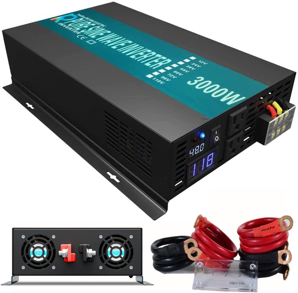 WZRELB 3000W 48V (42V-60V) 120V Pure Sine Wave Power Inverter with 2 AC Outlets,Car Inverter (RBP-300048), Black