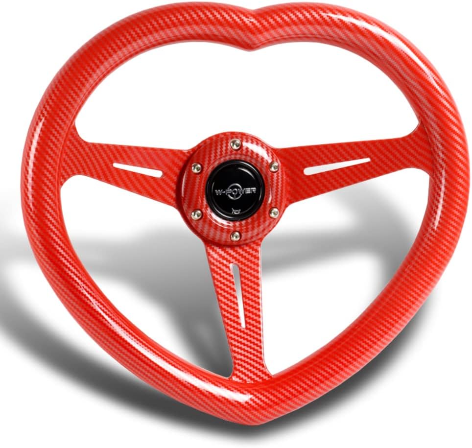 W-Power,13.5' Universal 343mm 6 Bolt Hole 3-Inche Deep Dish Aluminum Polished Heart-Shaped with Wood Grip Steering Wheel, Black Horn Button JDM Euro VIP Style, 3-Spoke (Carbon Red)