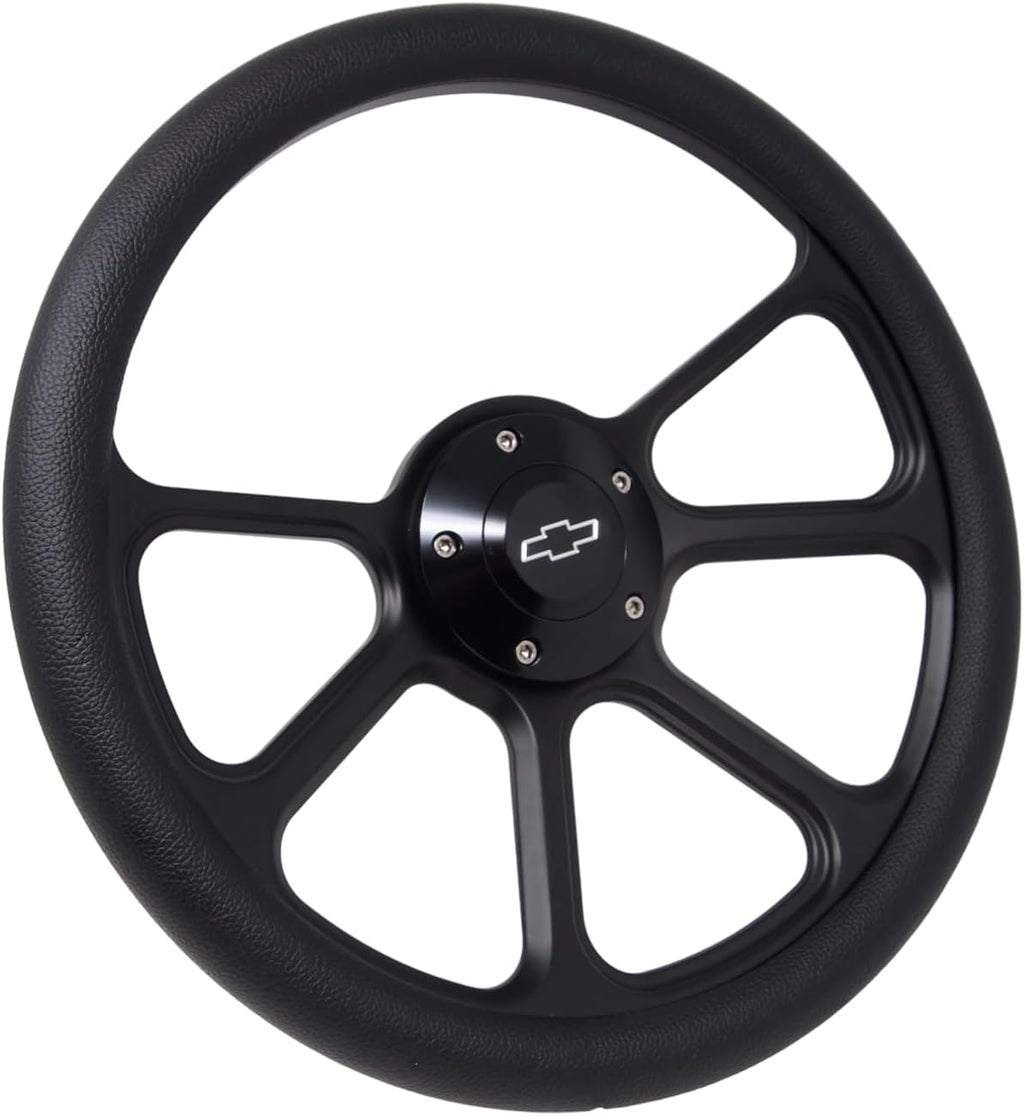 14' Universal Steering Wheel Aluminum Black 5-Bolt 350mm Black Vinyl Wrap Chevy Horn Button 3-Spoke