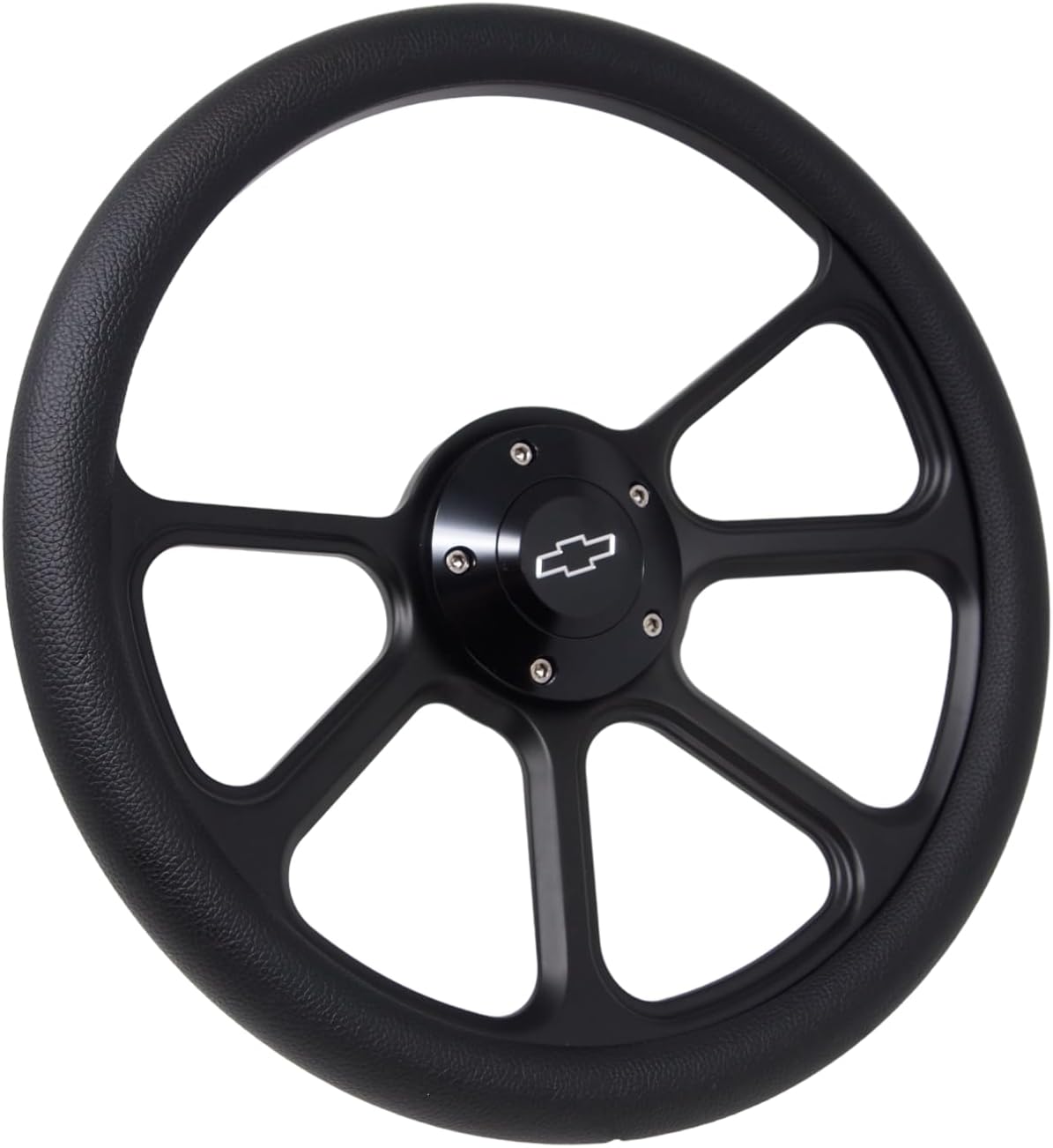 14' Universal Steering Wheel Aluminum Black 5-Bolt 350mm Black Vinyl Wrap Chevy Horn Button 3-Spoke