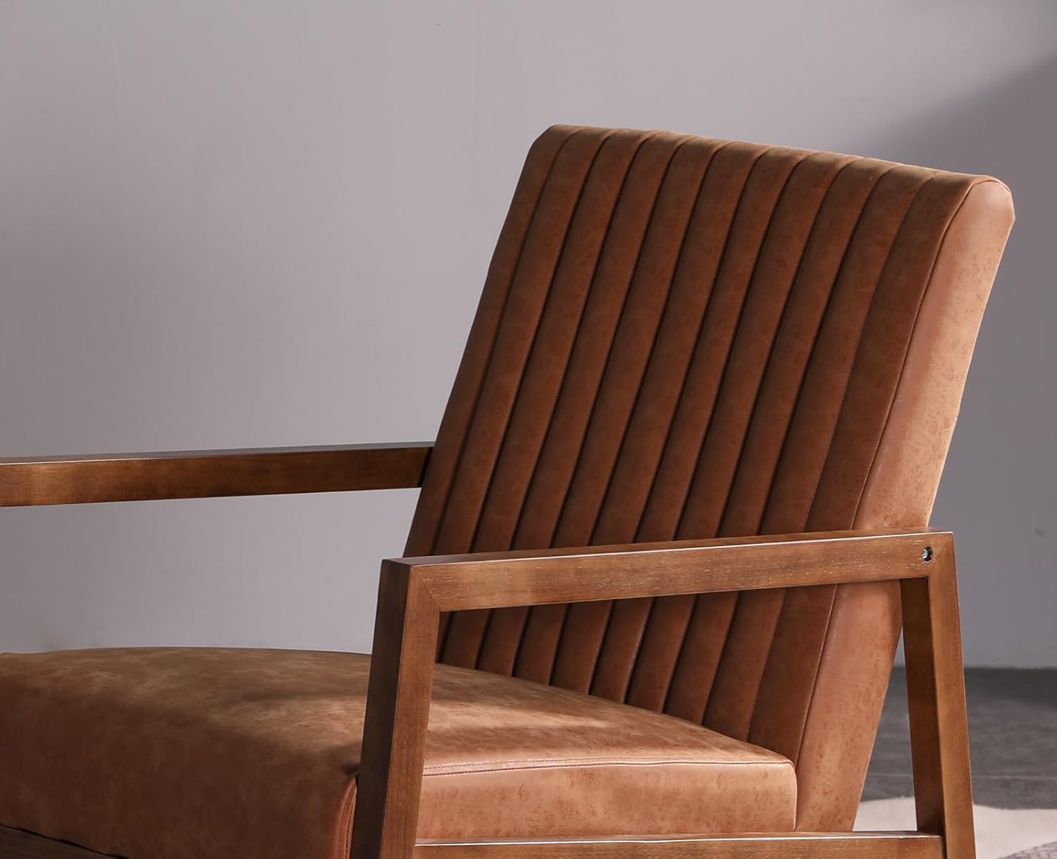 CIMOTA Leather Modern Rocking Chair Mid Century Armchair Upholstered Arm Chair with Padded Seat/Wood Frame, Comfy Rocker for Living Room/Bedroom, Retro Brown PU
