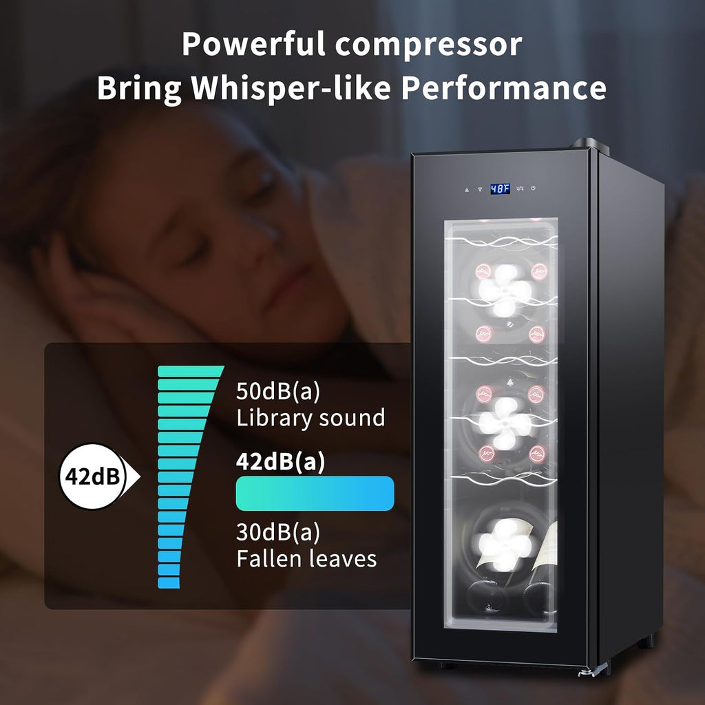 12 Bottle Black Wine Fridge,Freestanding Stainless Steel Small Wine Cooler For Red&White Wine,Wine Cooler Refrigerator 41°-64°F Digital Temperature Control Glass Door For Bar,Home Black