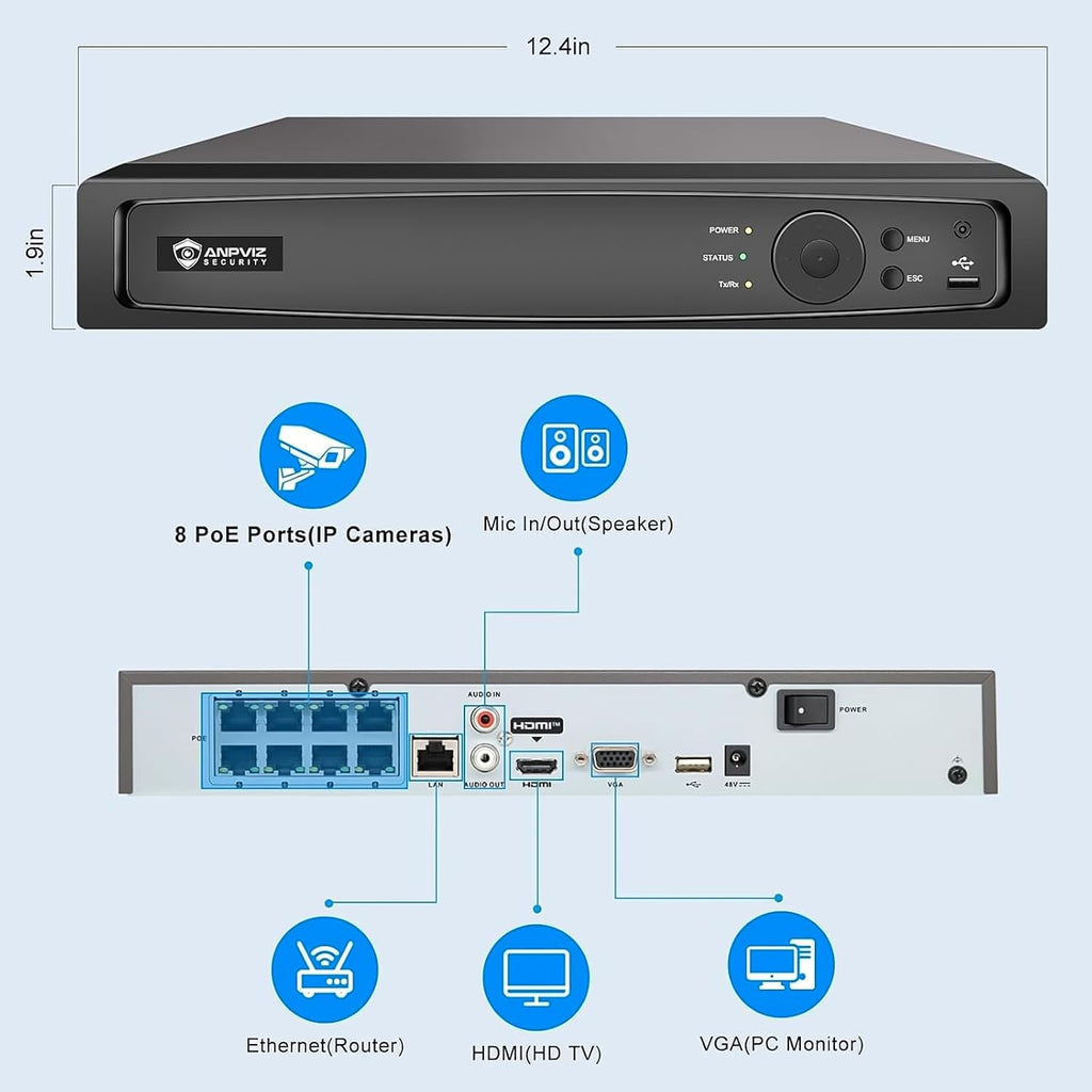 Anpviz AI 12MP 8CH POE NVR (12MP/8MP/6MP/5MP/4MP) Smart AI POE Network Video Recorder - Supports up to 8 x 12MP POE Cameras, 8-Channel Power Over Ethernet (Not Included HDD) NVR7608Q1-8P (H Series)