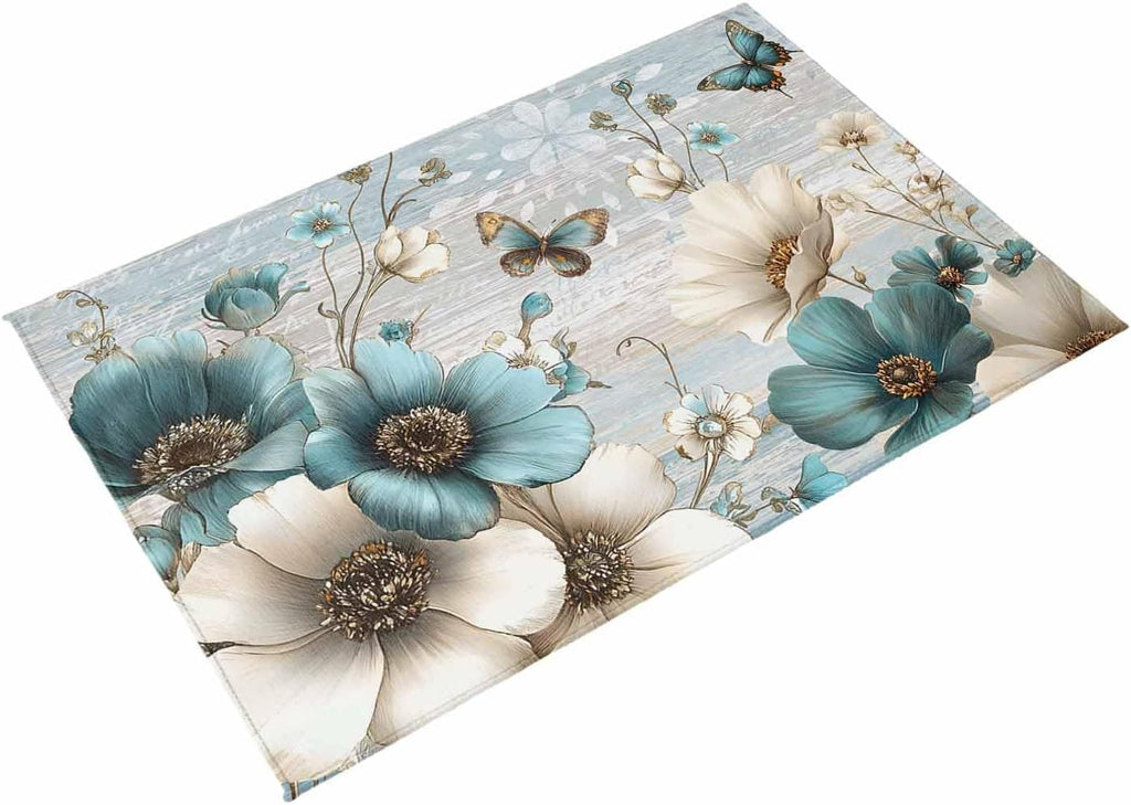 Teal Tulip Butterfly Outdoor Rug for Patio/Deck/Porch, Non-Slip Large Area Rug 4 x 6 Ft, Beige Turquoise Floral Farmhouse Blue Indoor Outdoor Rugs Washable Area Rugs, Camping Rug Carpet Runner