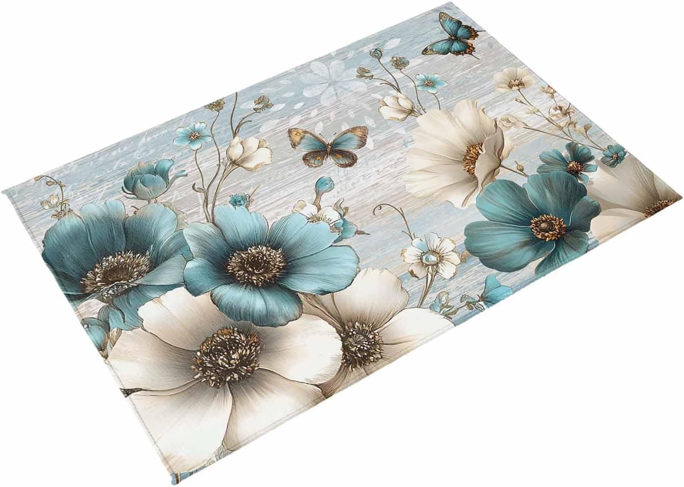 Teal Tulip Butterfly Outdoor Rug for Patio/Deck/Porch, Non-Slip Large Area Rug 4 x 6 Ft, Beige Turquoise Floral Farmhouse Blue Indoor Outdoor Rugs Washable Area Rugs, Camping Rug Carpet Runner