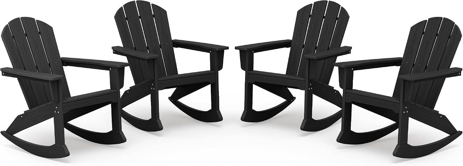 SERWALL Outdoor Adirondack Rocking Chairs Set of 4, All-Weather HDPE Adirondack Rocker Chair, Front Porch Rocker Chairs for Patio Lawn Porch Deck, Black