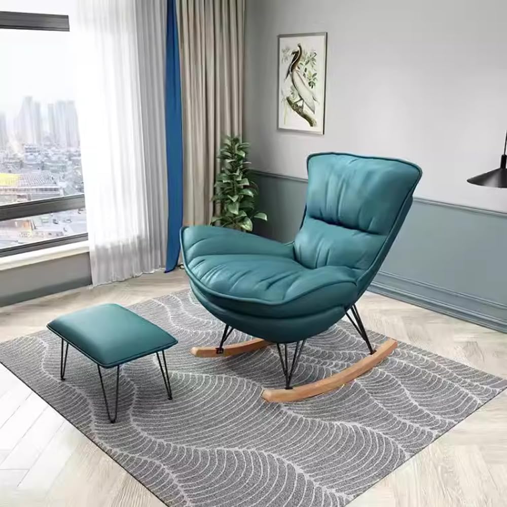 LITFAD Modern Rocking Chair Faux Leather Leisure Glider Chair Upholstered Rocking Seat Comfy Rest Reading Chair Water Resistant Nursery Chair for Living Room, Bedroom, Nursery-Green, with Ottoman