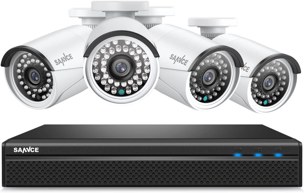 SANNCE 4K POE Security Camera System - 8CH 8MP NVR Recorder with 4PCS 5MP Outdoor Bullet Surveillance Cameras, Power Over Ethernet, Easy Mobile Access with APP Alert(No HDD)