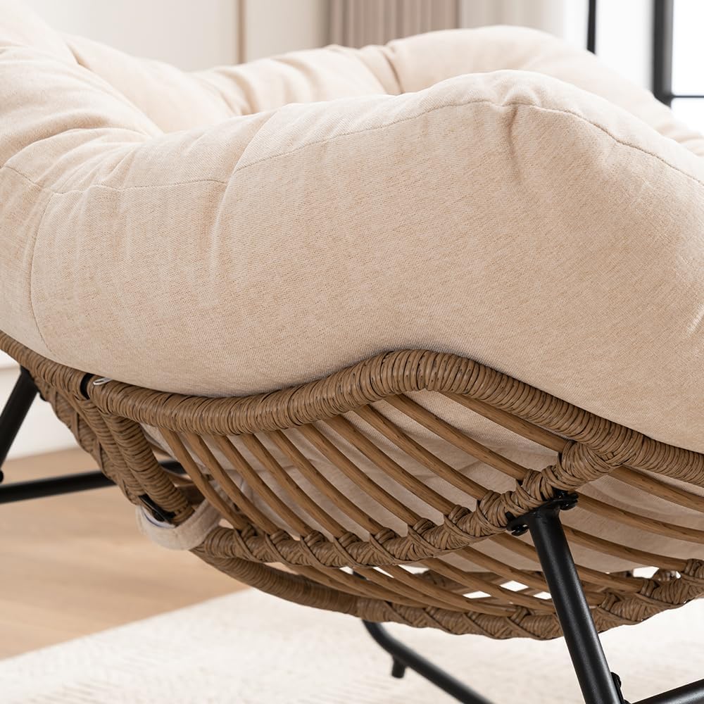 Outdoor Papasan Chair, Oversized Rocking Chair with Cushion and Metal Frame, Patio Lounge Rocking Chair for Balcony Backyard Porch Bedroom Living Room (Beige)