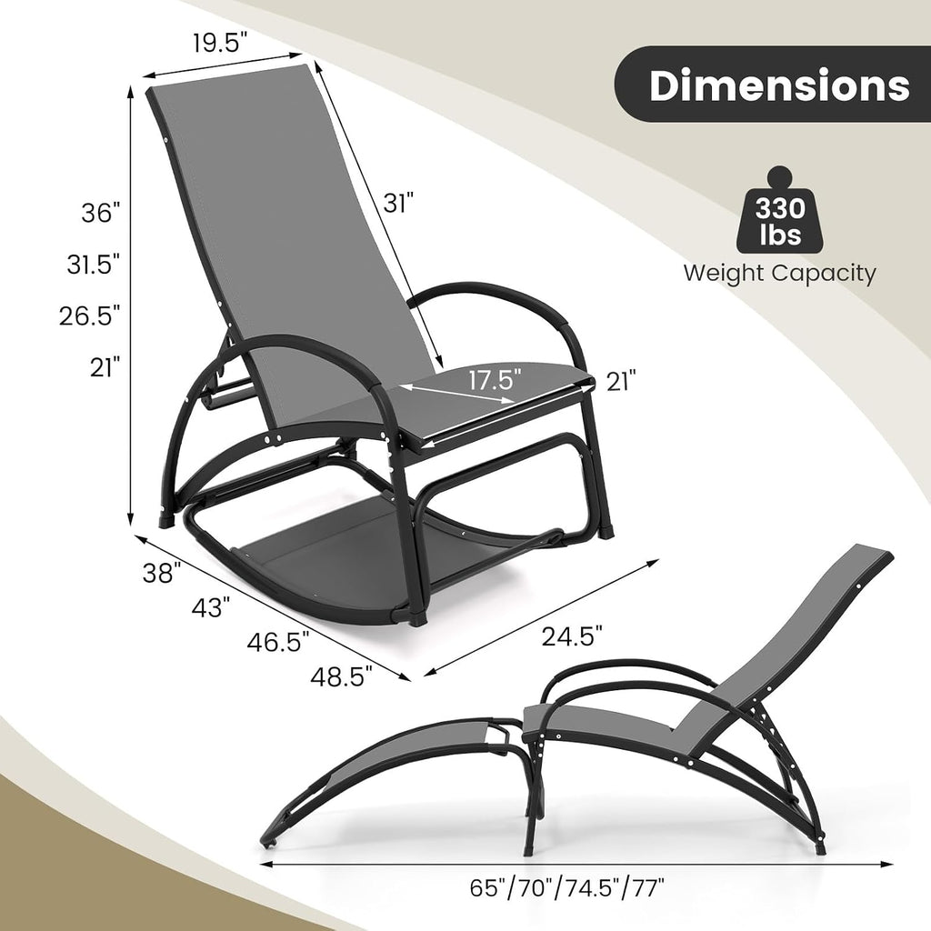 Tangkula Outdoor Rocking Chair Set of 2, 2-in-1 Convertible Lounge Chair with 4-Level Adjustable Backrest, Heavy-Duty Aluminum Frame, Patio Sun Lounger Rocker for Porch, Poolside, Backyard, Garden
