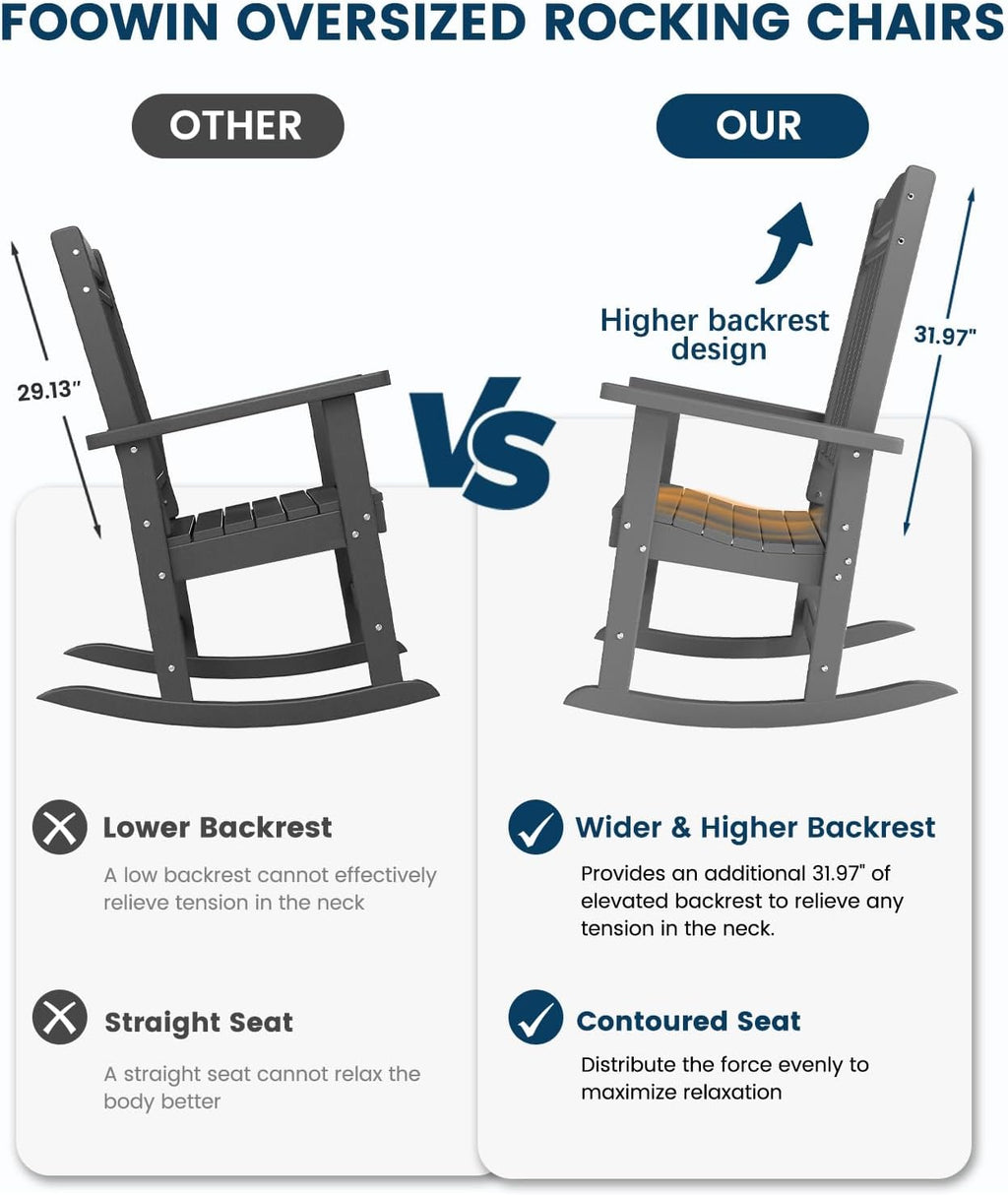 FOOWIN Outdoor Rocking Chair Set of 6, High Back Patio Rocking Chair, HDPE All Weather Resistant Porch Rocker for Adult, Oversized Rocking Chairs for Garden, Lawn, Indoor & Outdoor Use, Grey