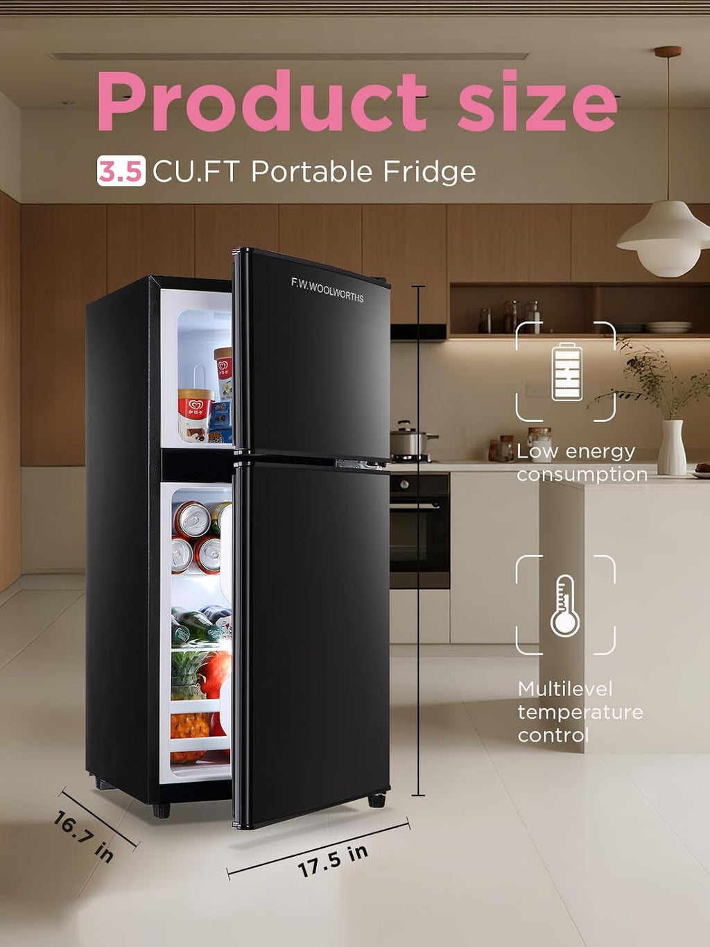 F.W.WOOLWORTHS 3.5 Cu.Ft Refrigerator with Freezer, 2-Door Fridge, Adjustable Thermostat, for Dorm, Office, Bedroom, RV, Black