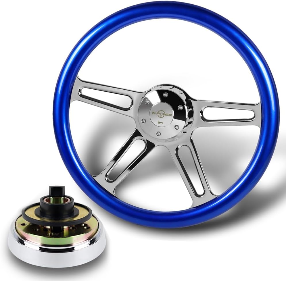 18' Universal 457mm 5 Bolt Hole 2 Inches Deep, Vintage Style Wood Grip Steering Wheel with Hub Adapter Compatible with T04 Kenworth, Peterbilt All Models (Blue Wood Grip)