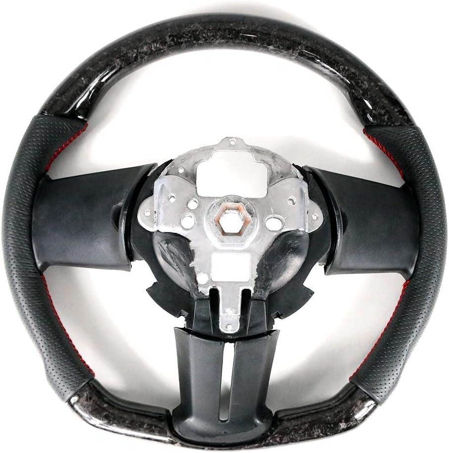 IKON MOTORSPORTS, Steering Wheel Compatible With 2010-2014 Ford Mustang, Black Forged Carbon Fiber & Perforated Leather Steering Wheel Brushed Kit With Red Stitching, 2011 2012 2013