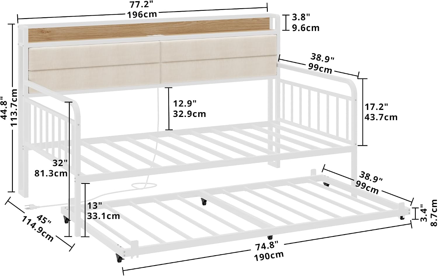 LIKIMIO Daybed with Trundle, Sturdy Metal Twin Bed Frame with Upholstered Headboard and Charging Station for Living Room, Bedroom and Guest Room, White