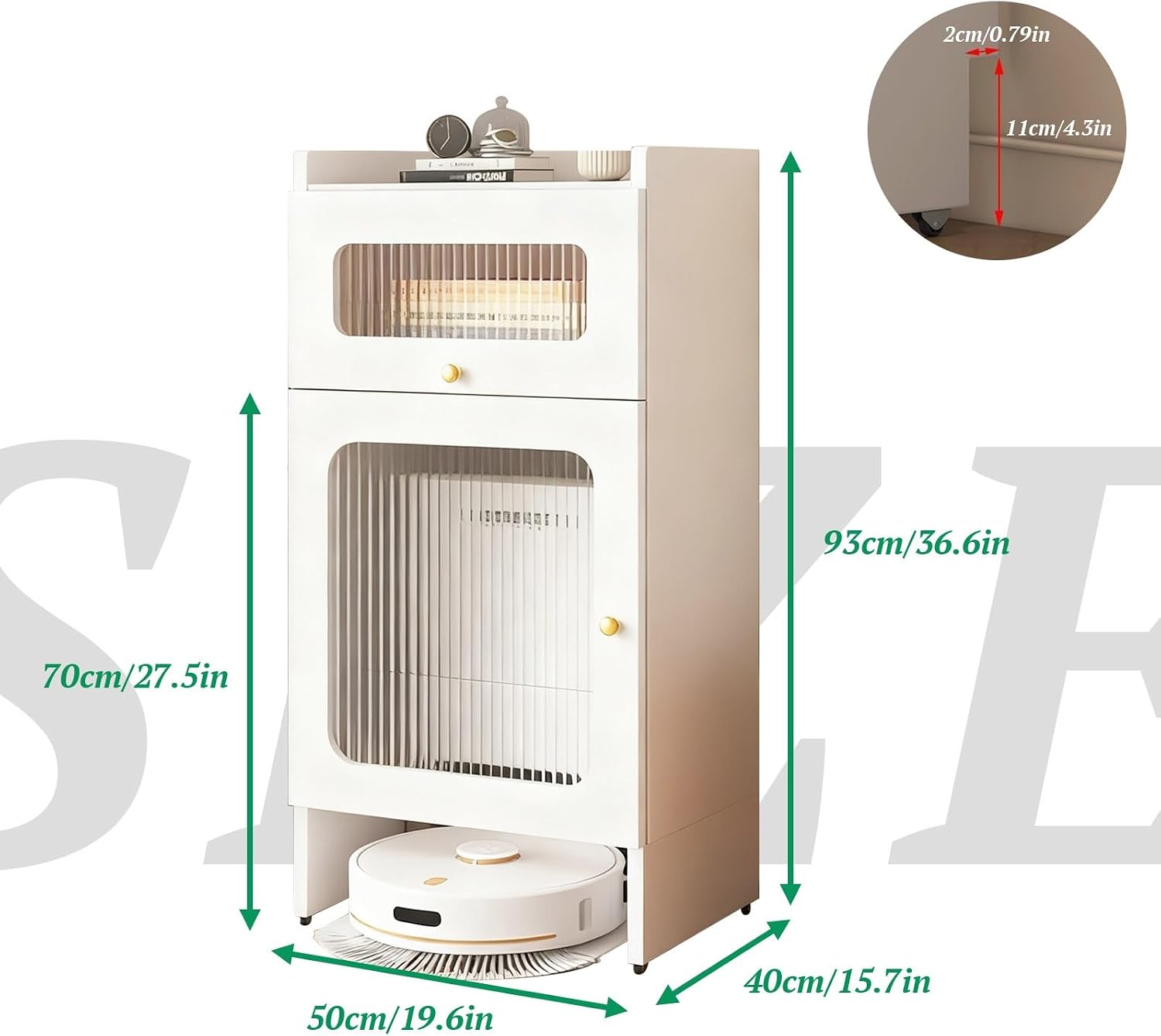 Mobile Storage Cabinet Corner Hidden Robot Vacuum Stand for Self-Emptying Robot Vacuum and Mop Storage Cabinet with Drawers Wood Accent End Table Wheels Home Living Room(White,19.6x15.7x36.6in)