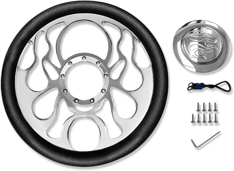 Chrome 14' Billet Aluminum 9 Holes Steering Wheel Flamed Style with Black Leather Half Wrap & Flamed Horn Button