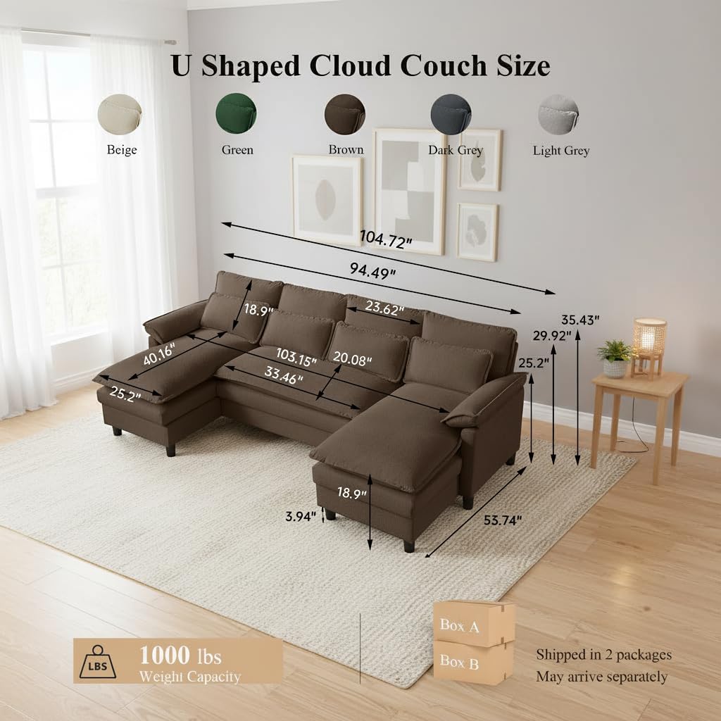 105' Convertible Sectional Sofa, U Shape Cloud Couch, Comfy Couches with Double Chaise and Sleepable Armrests, 4 Seats Sectional Couches for Living Room, Coffee