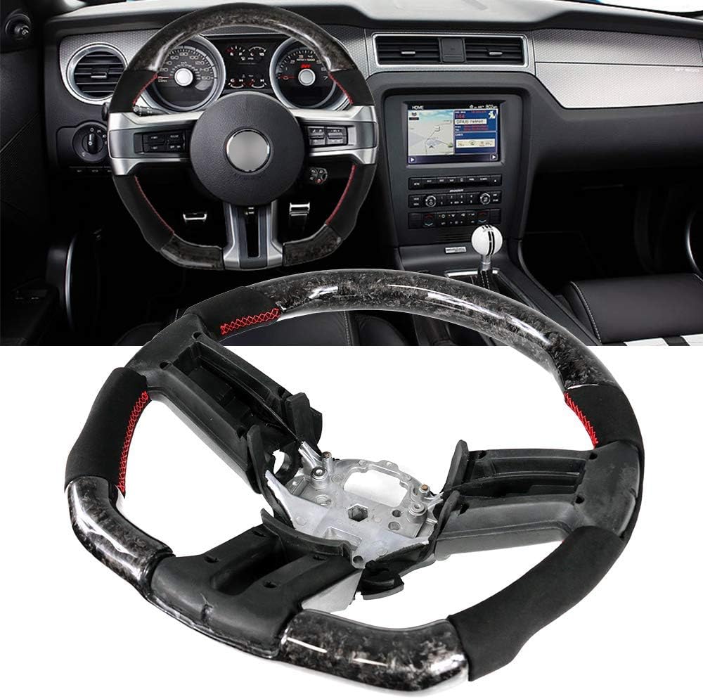 IKON MOTORSPORTS, Steering Wheel Compatible With 2010-2014 Ford Mustang, Forged Carbon Fiber & Synthetic Suede Steering Wheel Brushed Kit With Red Stitching, 2011 2012 2013