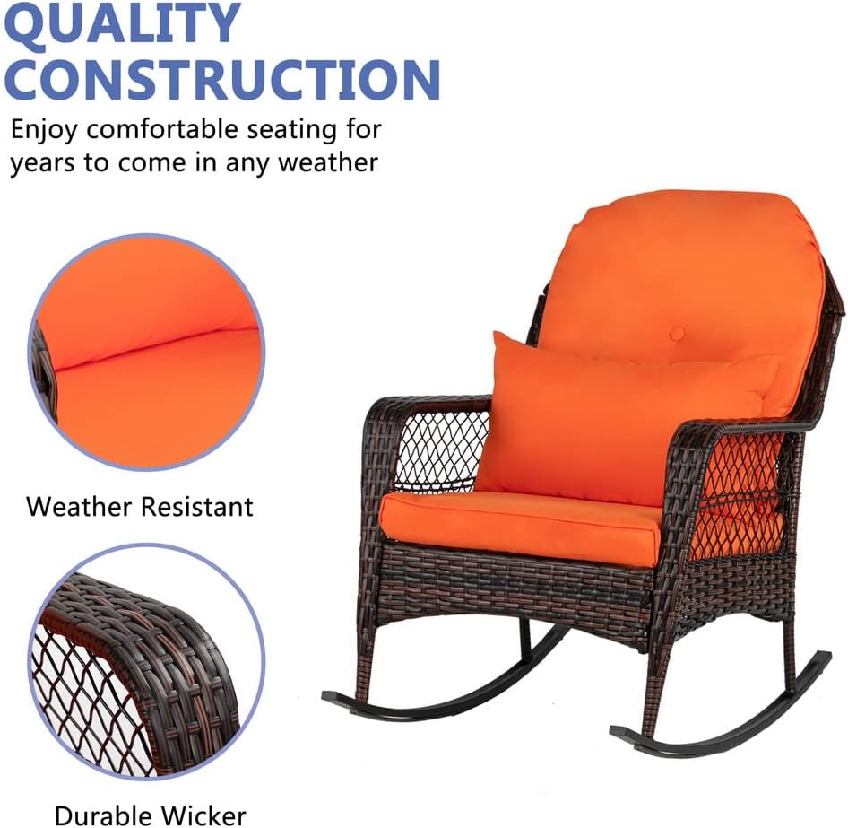 Outdoor Wicker Rocking Chair, Patio Rattan Rocker Chair with Cushions & Steel Frame, All-Weather Rocking Lawn Wicker Furniture for Garden Backyard Porch
