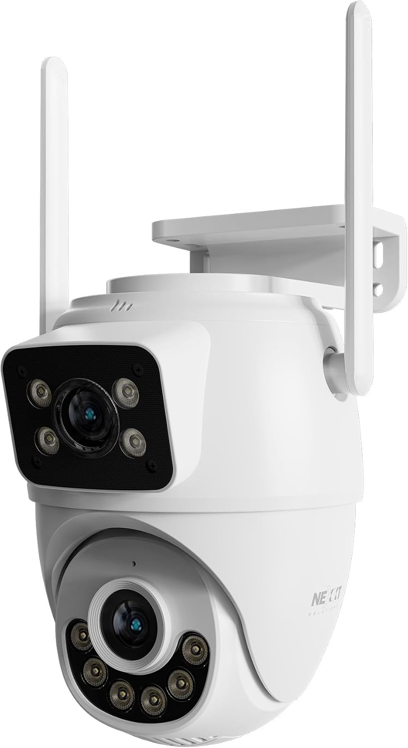 Nexxt Solutions Smart Dual Lens PTZ Wi-Fi Outdoor Security Camera | 2K Dual View Surveillance with Human Detection, Night Vision | Two-Way Audio, 80dB Siren, IP65 Weatherproof, microSD Storage