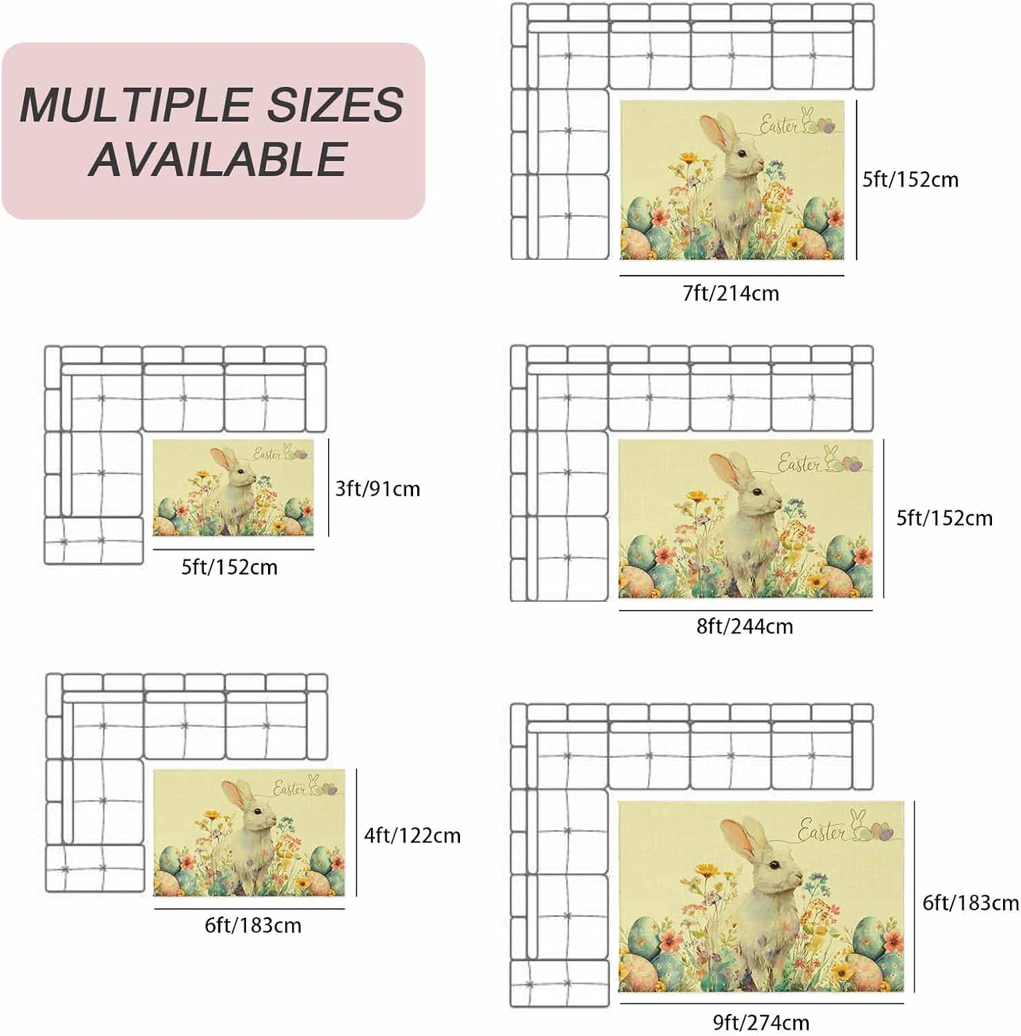 Easter Bunny Outdoor Rug for Patio/Deck/Porch, Non-Slip Large Area Rug 5 x 7 Ft, Yellow Rabbit Spring Flowers Leaves Rustic Plants Indoor Outdoor Rugs Washable Area Rugs, Camping Rug Carpet Runner