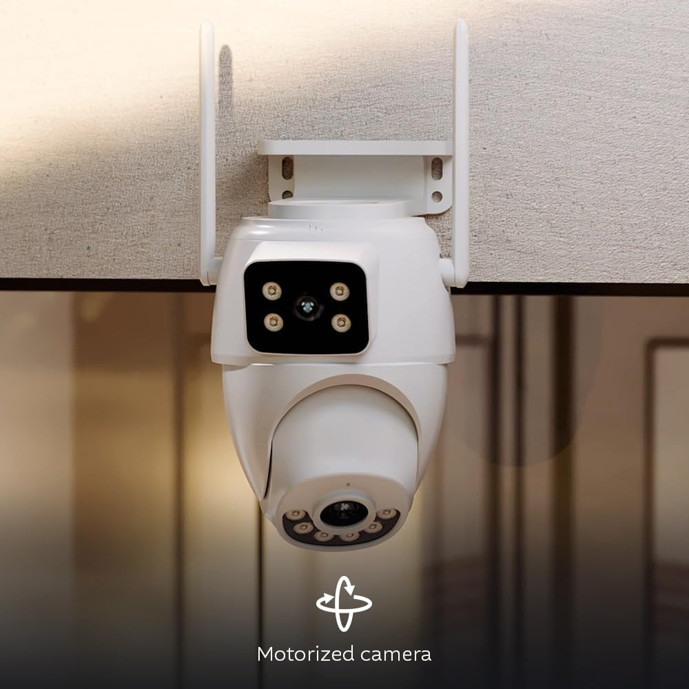 Nexxt Solutions Smart Dual Lens PTZ Wi-Fi Outdoor Security Camera | 2K Dual View Surveillance with Human Detection, Night Vision | Two-Way Audio, 80dB Siren, IP65 Weatherproof, microSD Storage