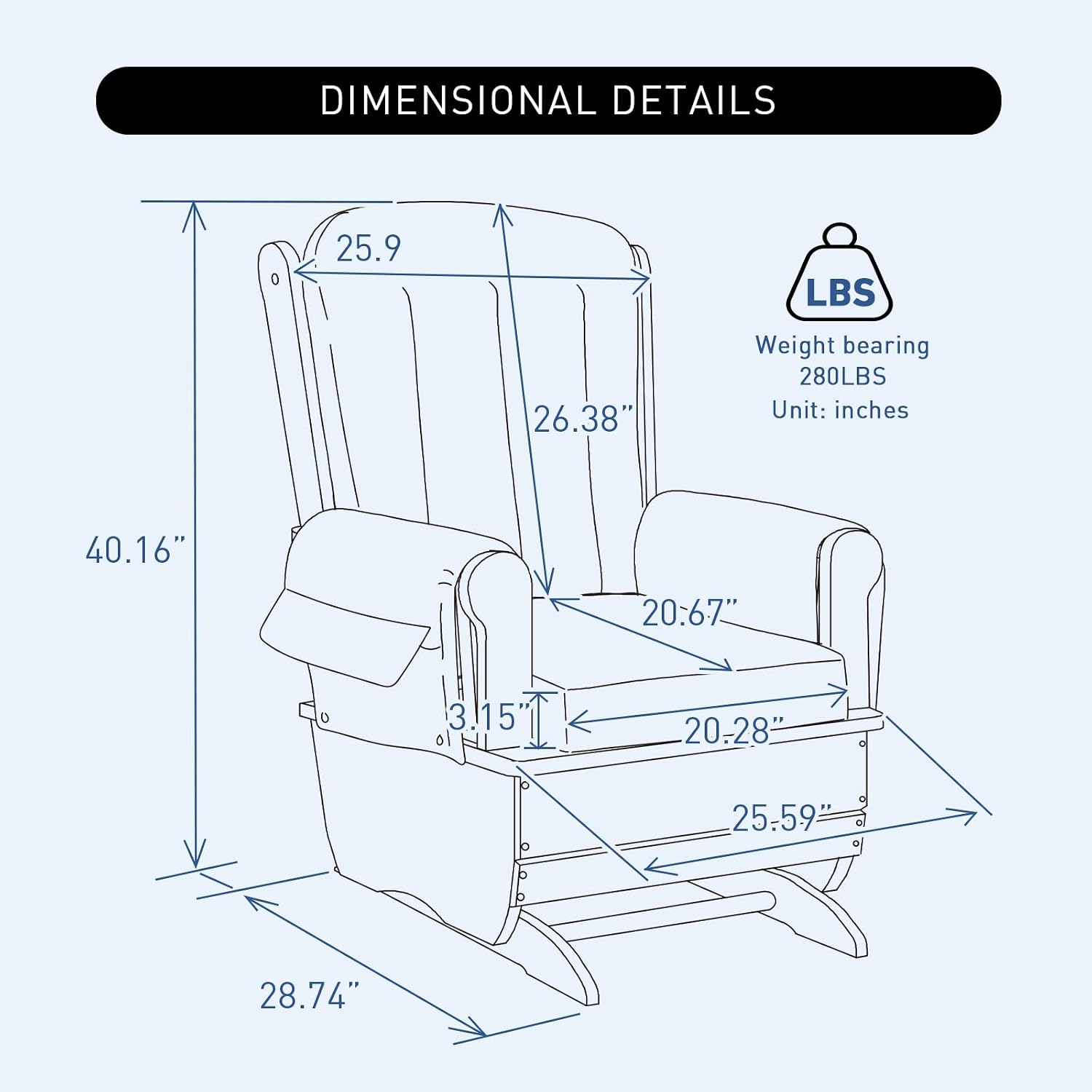 Solid Wood Nursery Glider Rocking Chair, Nursing Rocker Chair with Padded Cushion Armrest, Silent Smooth Rocking Motion for Indoor Living Room Napping Reading, Natural Wood + Light Blue