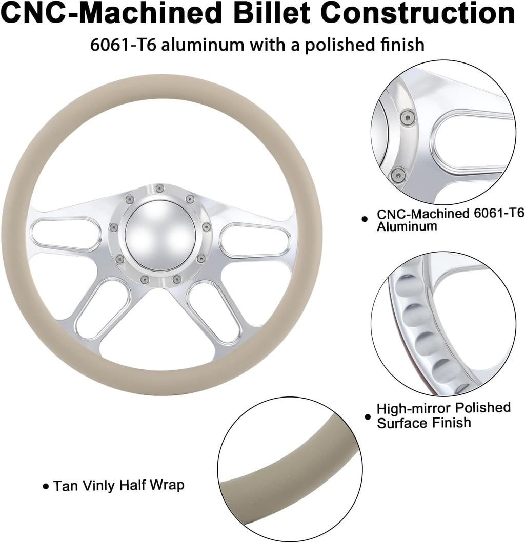 14'' Billet 4-slot Half Wrap 9 Bolts Steering Wheel with 2'' Dish and Horn Button Compatible with Chevy, Ford, GM (Tan)