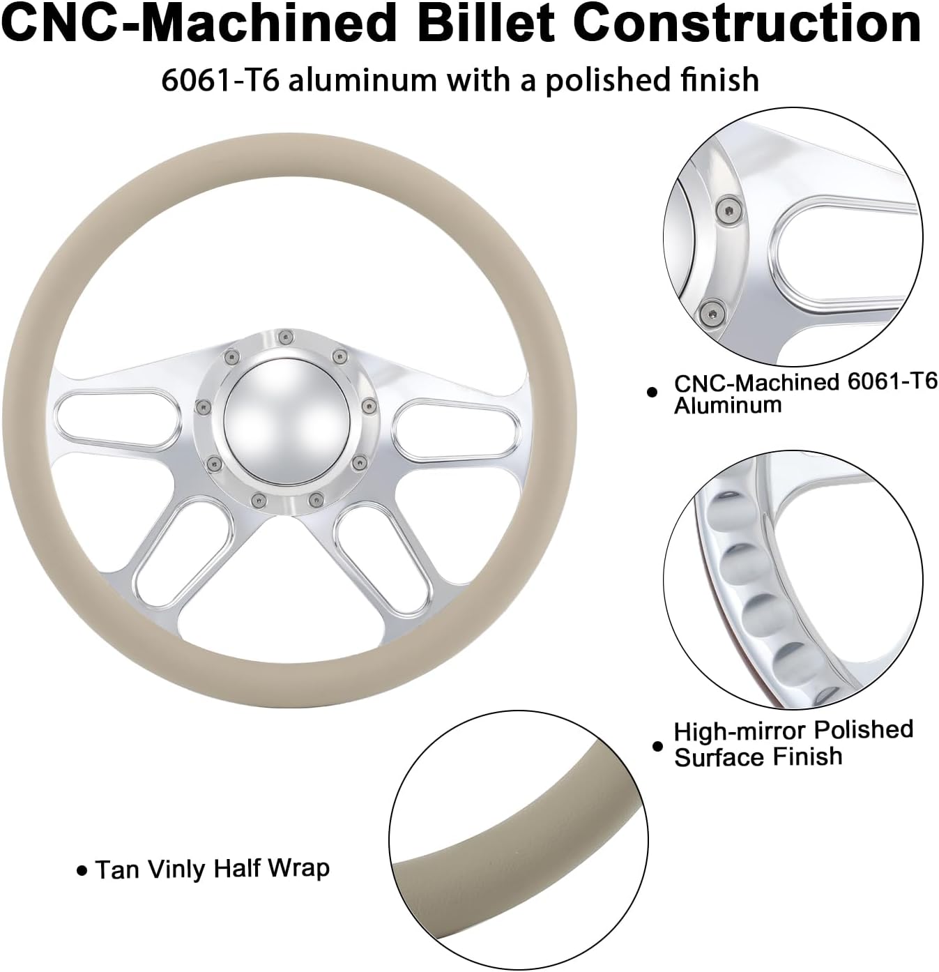 14'' Billet 4-slot Half Wrap 9 Bolts Steering Wheel with 2'' Dish and Horn Button Compatible with Chevy, Ford, GM (Tan)