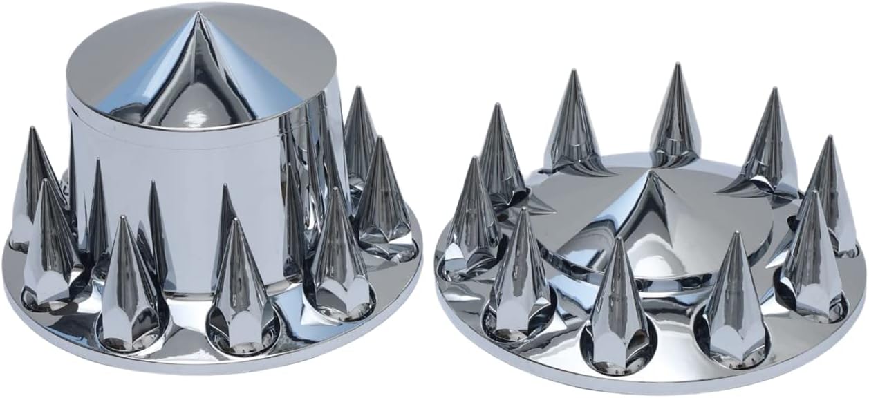 ABS Plastic Chromed Hubcaps Front and Rear Wheel Axle Cover Set with 33mm Thread-On Lug Nut Covers for Semi Trucks (Pointed)