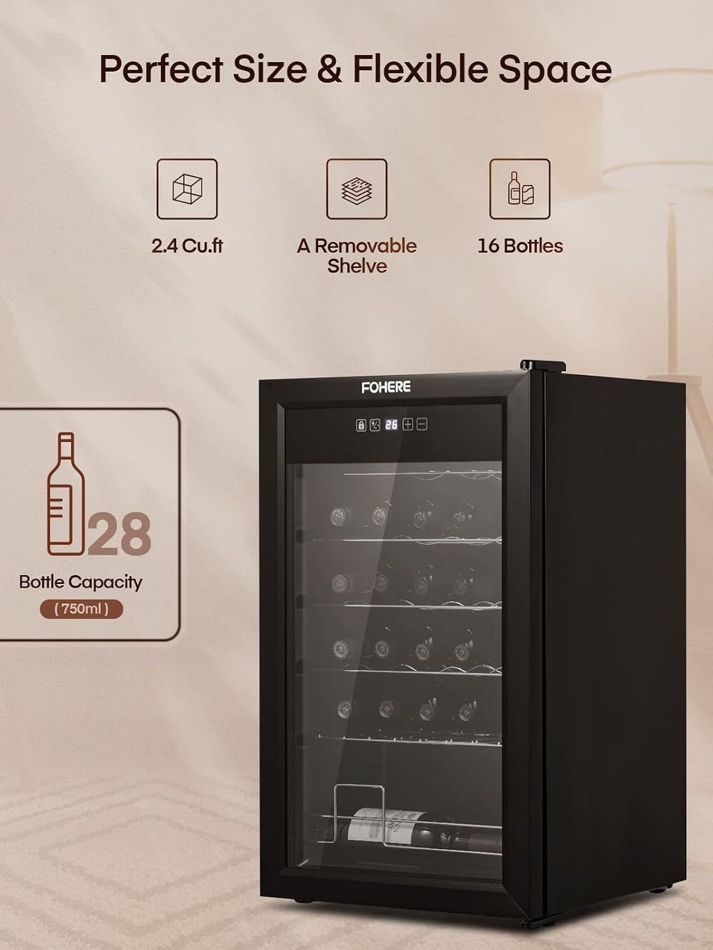 FOHERE 28 Bottles Wine Cooler Refrigerator, Wine Fridge with Double Glass Doors, LED Light, Digital Temperature Control, Wine Cellar for Bar, Home, Office