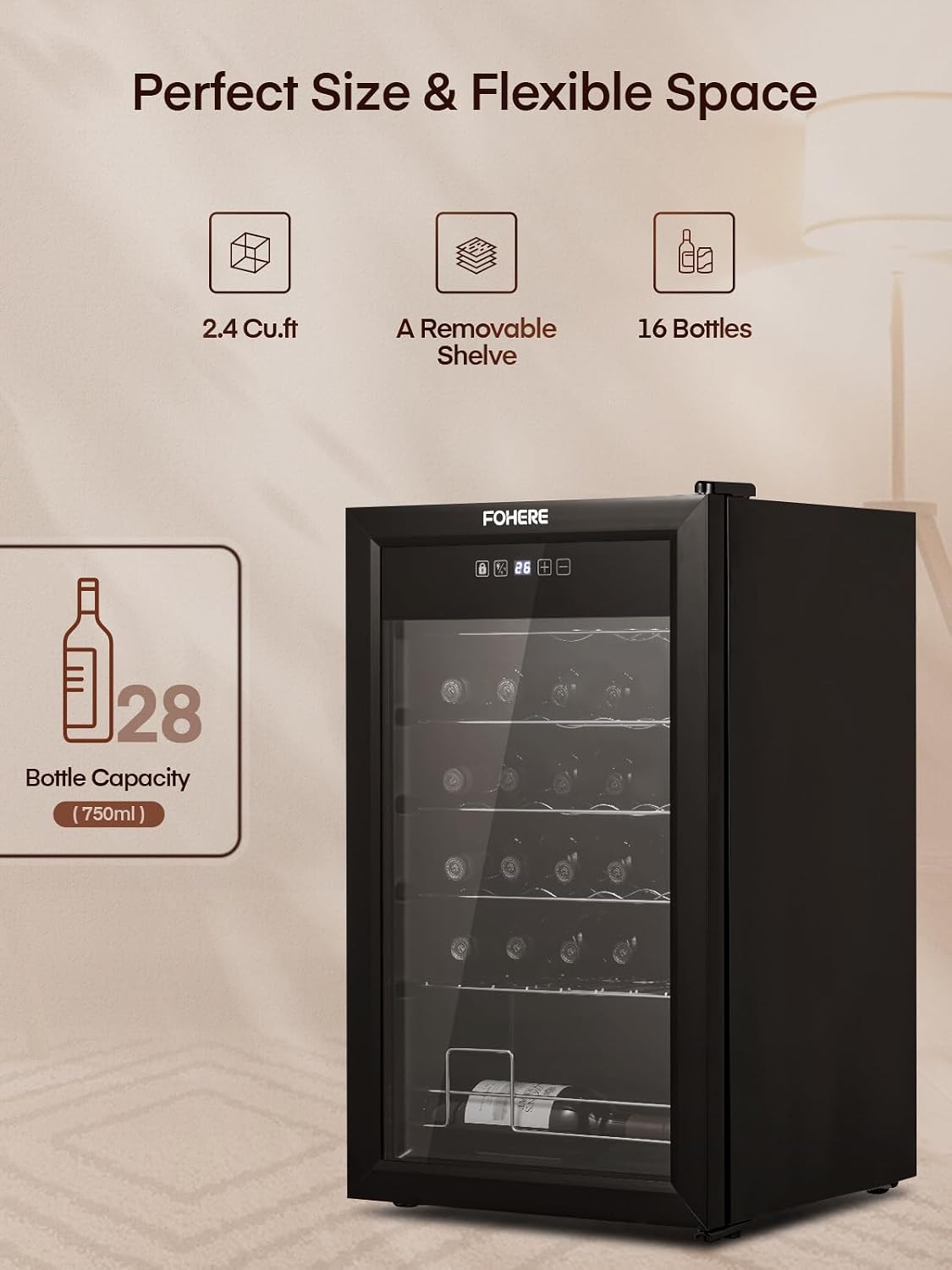 FOHERE 28 Bottles Wine Cooler Refrigerator, Wine Fridge with Double Glass Doors, LED Light, Digital Temperature Control, Wine Cellar for Bar, Home, Office