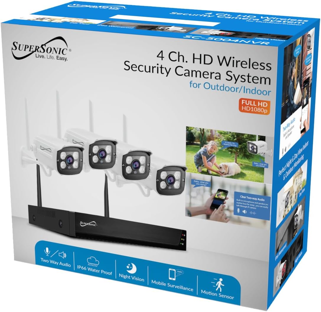 Supersonic SC-5004NVR 4CH 1080P Security Camera System WiFi, Waterproof, 2-Way Audio, Night Vision, App Remote Access, HDMI/VGA Output, 6TB HDD, Built-in Mic & Speaker -Indoor/Outdoor Use