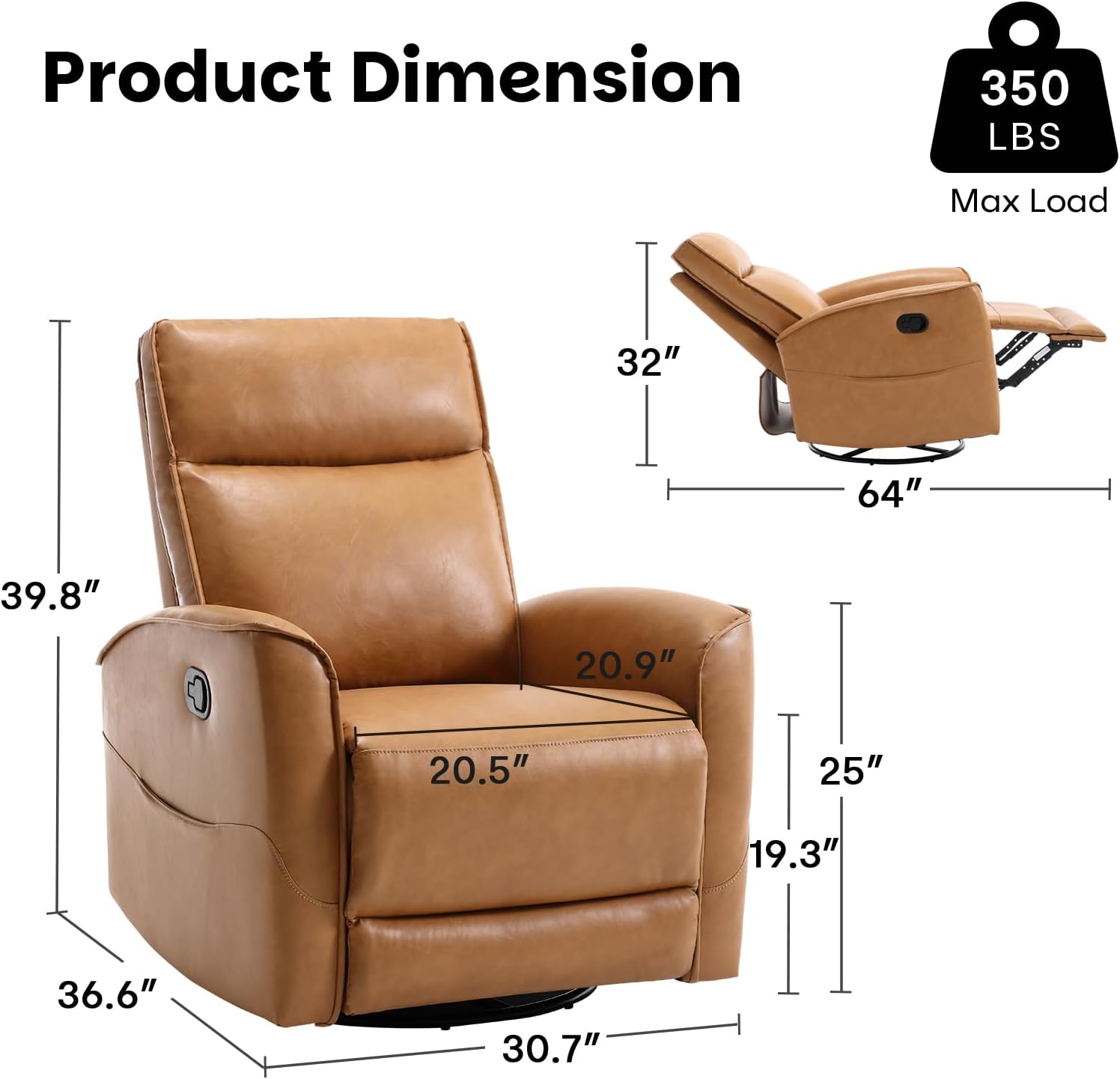 CANMOV Leather Recliner Chair, Swivel Rocker Recliner Chair, 360°Swivel Nursery Glider Recliner, Manual Recliner for Small Spaces,Living Room,Bedroom,Brown