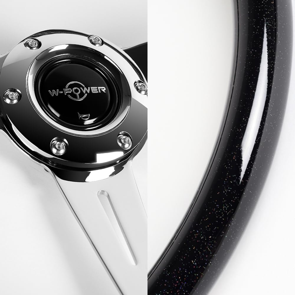 W-Power, 14' Universal 350mm 6 Bolt Hole Aluminum Polished 'Galaxy' Wood Grain Trim Steering Wheel, 3-Spoke, Black Horn Button JDM VIP Style (Black Sparkled Wood Grip - Chrome Center)