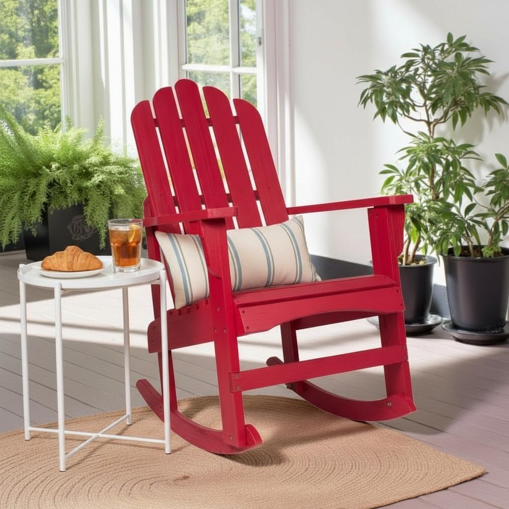 Shine Company Marina Adirondack Porch Rocker, Indoor Outdoor Wood Rocking Chair, Chili Red