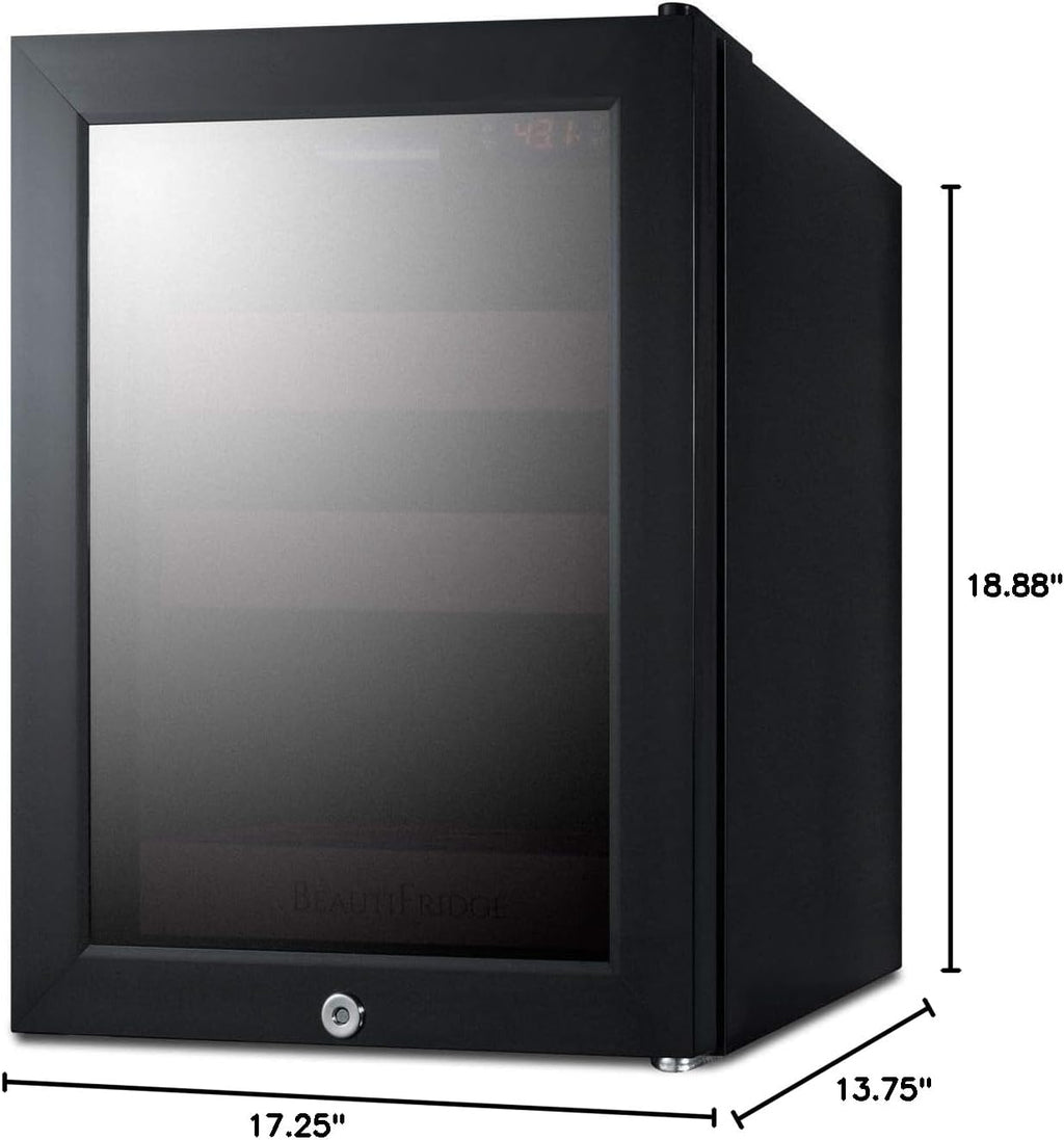 Summit Appliance LX114LPT1 BeautiFridge Compact Cosmetics Cooler, 0.85 cu.ft Capacity, 14' Wide, Automatic Defrost, LED lighting, Factory Installed Lock, Adjustable Shelves In A Matte Blush Finish