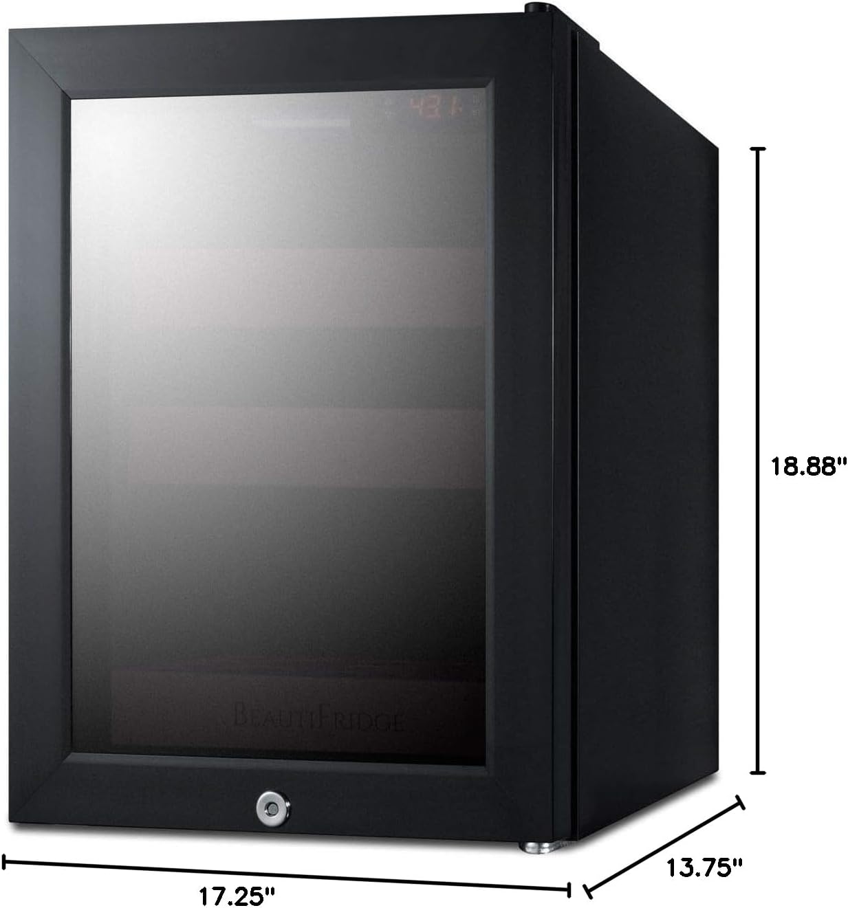 Summit Appliance LX114LPT1 BeautiFridge Compact Cosmetics Cooler, 0.85 cu.ft Capacity, 14' Wide, Automatic Defrost, LED lighting, Factory Installed Lock, Adjustable Shelves In A Matte Blush Finish