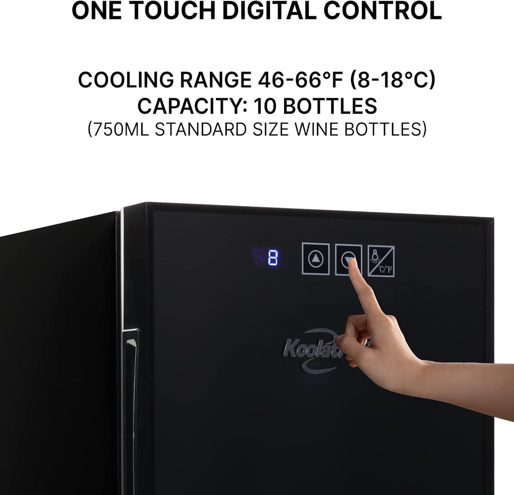 Koolatron Wine Fridge - Wine Cooler, 10 Bottle Wine Cabinet for Champagne, Red, White Wine, Thermoelectric Freestanding Celler For Bar, Home, Kitchen, Paned Glass Door