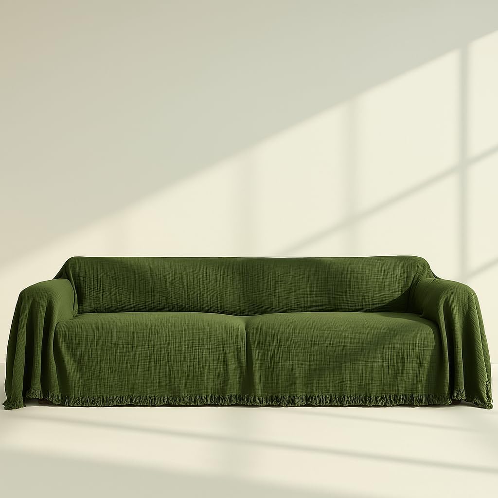 Cloud Like Sofa Cover%100 Pure Cotton, Green Couch Covers for 3 Seater Sofa, Sectional L Shape, U Shape, 4 Layered Natural Muslin Washable Boho Couch Cover (Green, 70x134/177x340cm)