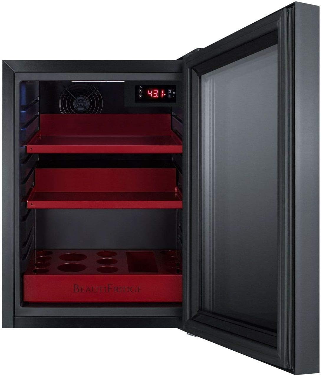 Summit Appliance LX114LRT1 BeautiFridge Compact Cosmetics Cooler with Mirror-Tinted Glass Door, Black; Digital Thermostat, Automatic Defrost, Factory Installed Lock, Bottle Shelf, Adjustable Shelves