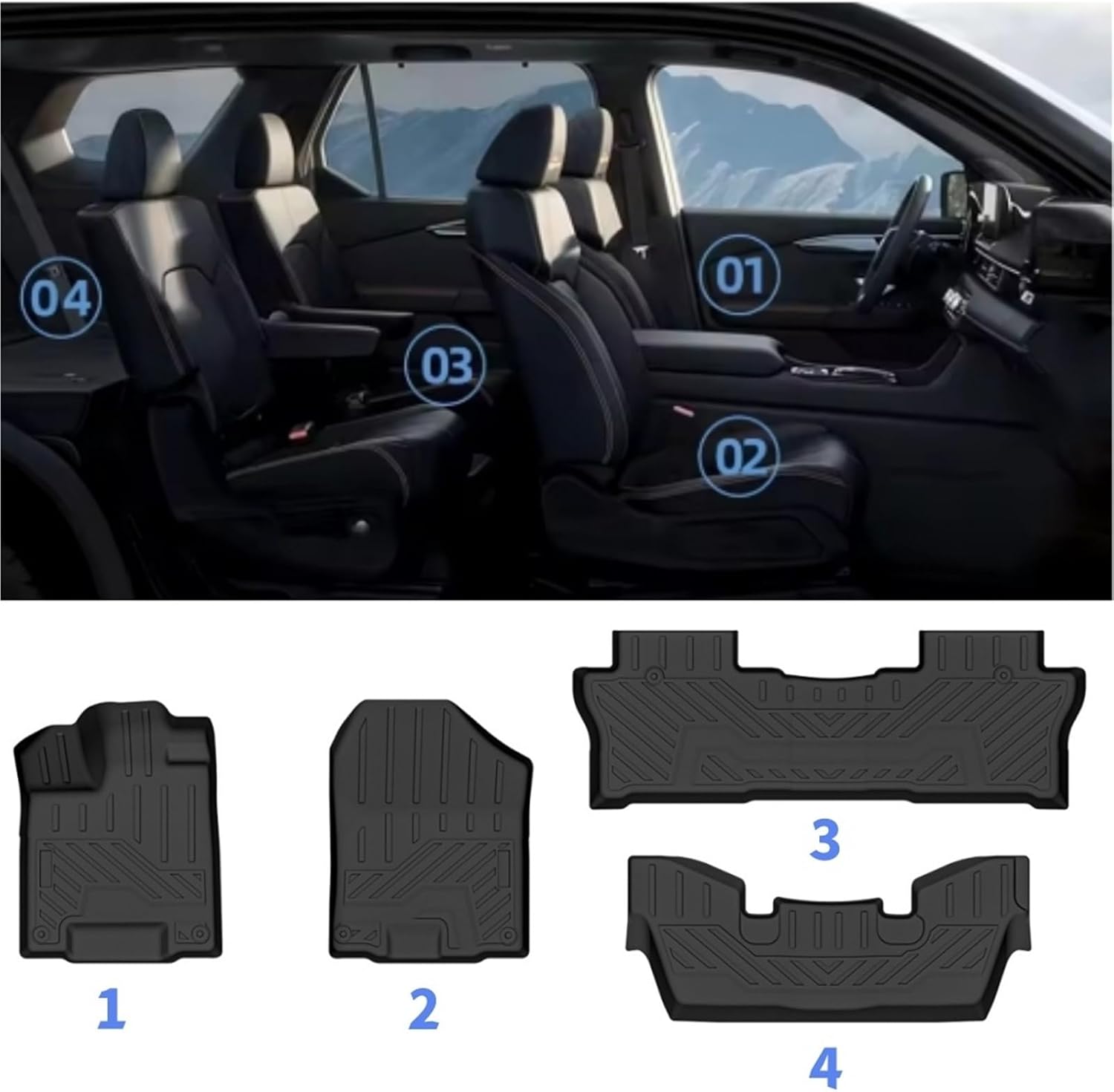 for Honda Pilot 2016-2022 All-Weather TPE Floor Mats with Cargo Liner and Backrest Mat Behind 3rd Row Heavy Duty Set(9Wire-Left d)