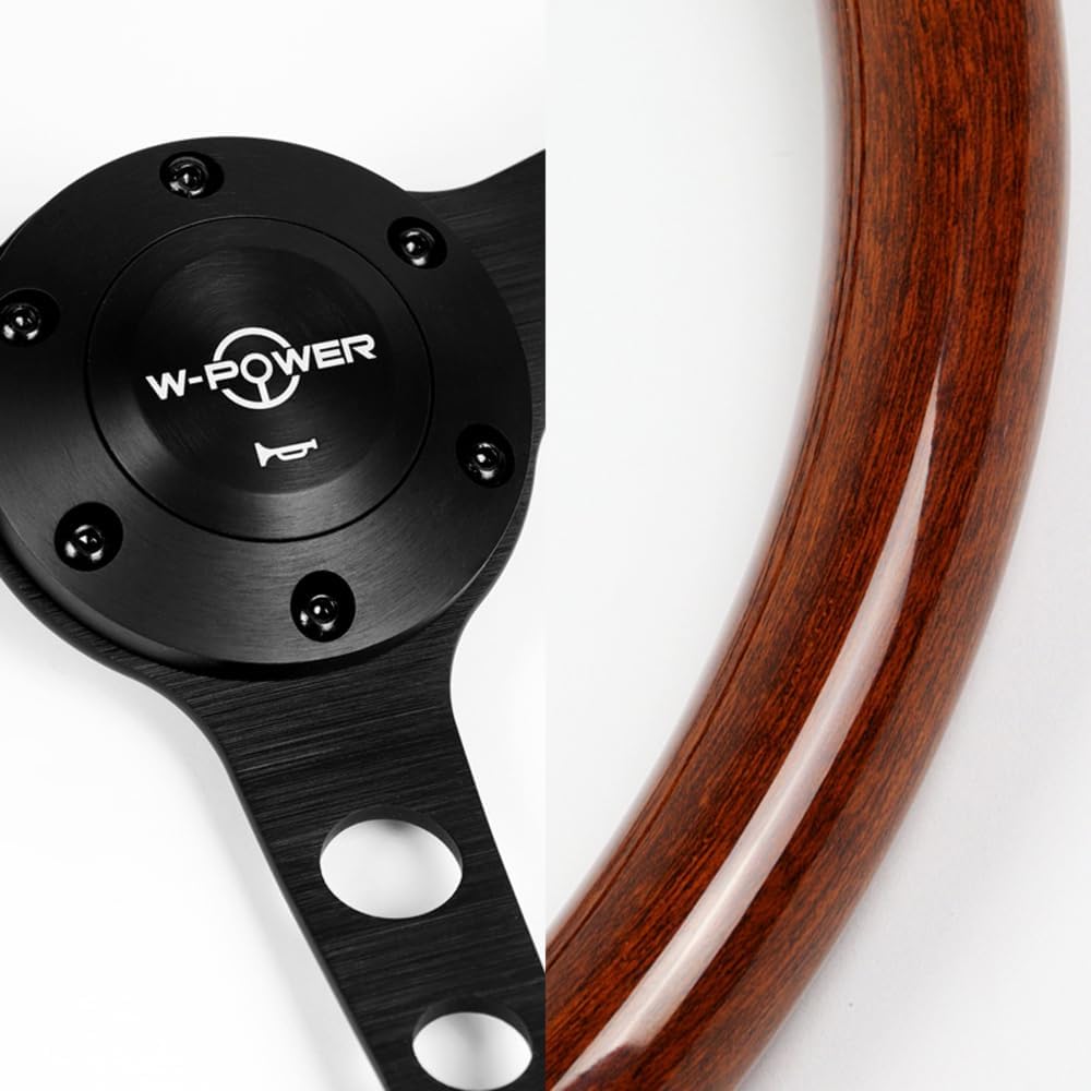 W-Power, 15' Reinforced 380mm 6 Bolt Hole Aluminum Finised Brown Wood Grain Trim Steering Wheel, Black Horn Button JDM Euro VIP Style, 3' Deep (Brown Wood Grain/Matt Black Spoke)